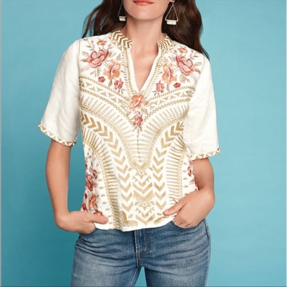 Johnny Was Tops - Johnny Was Linen White Embroidered Top